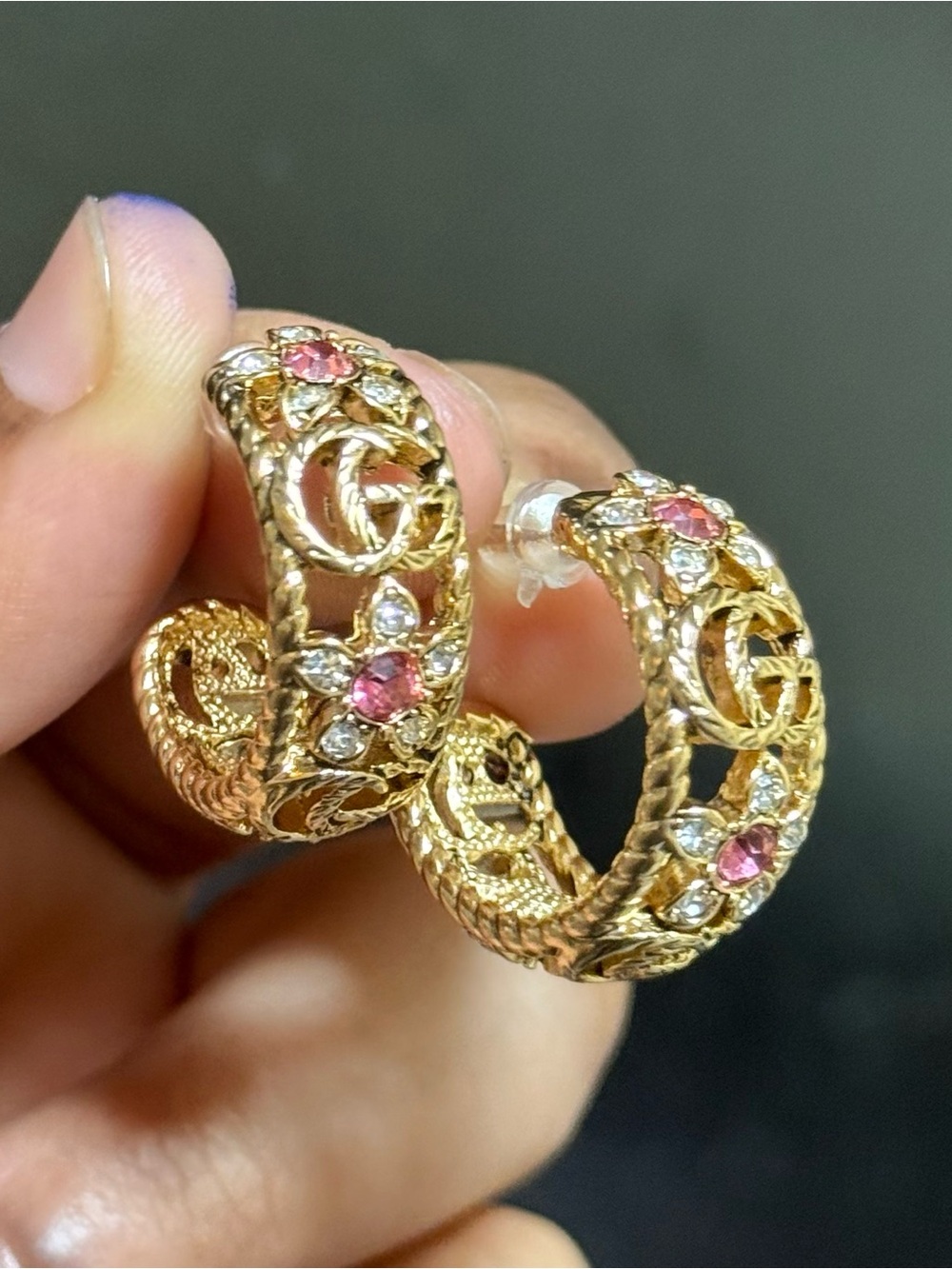 Gold-Tone Pink Crystal Hoop Earrings